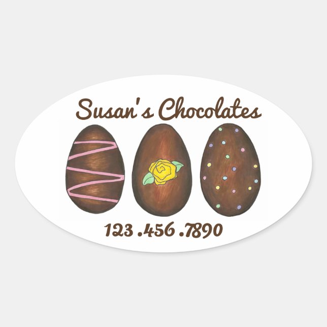 Adesivo Oval Vinheta de Ovos de Chocolate Personalizados com pá (Frente)