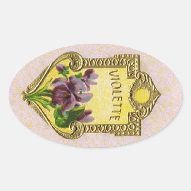 Adesivo Oval Vinheta de Perfume Violeta Francesa Antiquada (Frente)