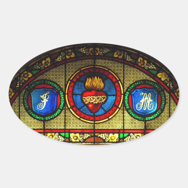 Adesivo Oval Vinheta de vidro colada de coração sagrado (J&M) (Frente)