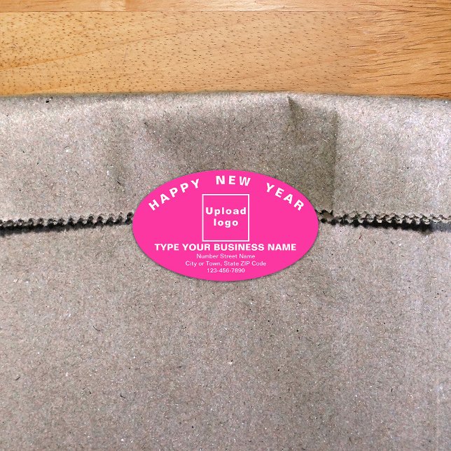 Adesivo Oval Vinheta Oval Cor-de-Rosa de Ano Novo (New Year greeting with your business brand on pink oval shape sticker.)