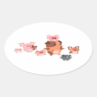 Adesivo Oval Vinheta Oval da Família Suína de Cartoon Bonito
