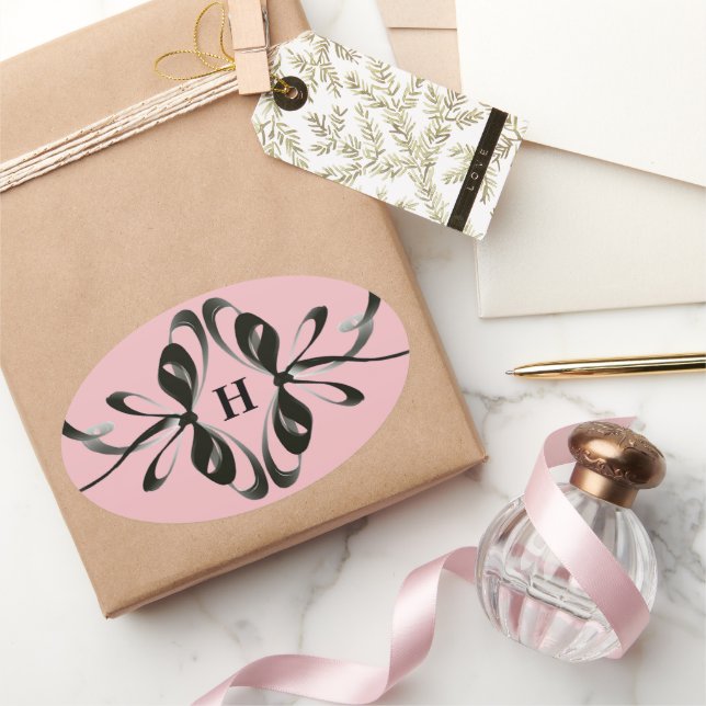 Adesivo Oval Vinheta Oval Monograma Elegante com Preto Artístic (Presentear)