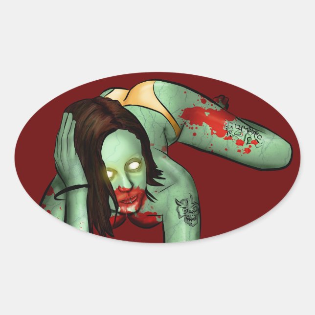 Adesivo Oval Vinheta Pin-Up Zombie (Frente)