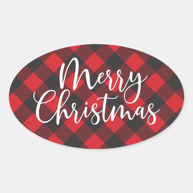 Adesivo Oval Vinheta redonda clássica de Xadrez de Natal Feliz (Frente)