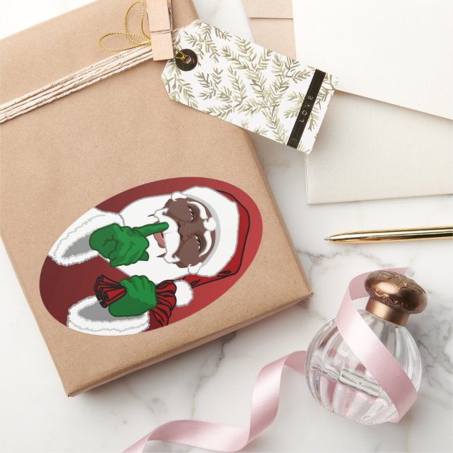 Adesivo Oval Vinheta Santa Clause de Natal de Papais noeis Pret (Presentear)