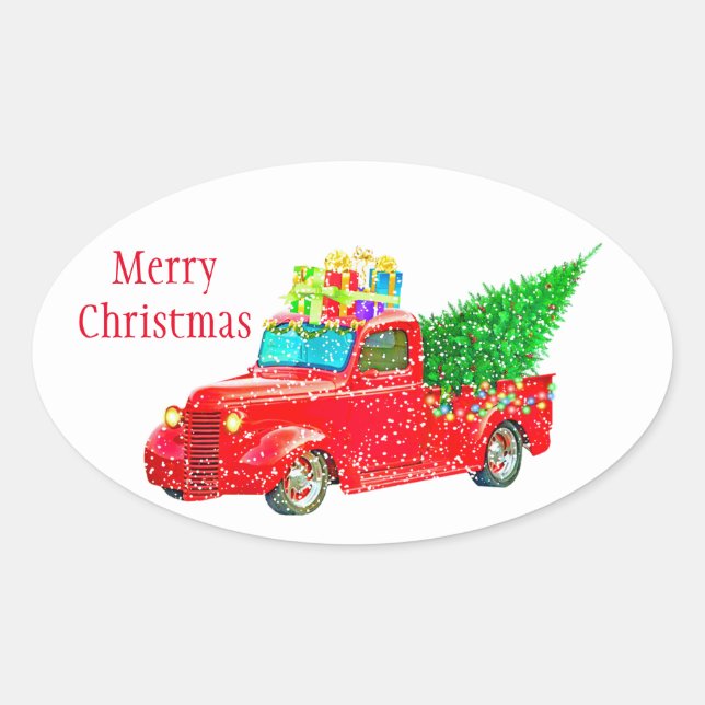 Adesivo Oval Vinhetas de Natal - Caminhão Vermelho (Frente)