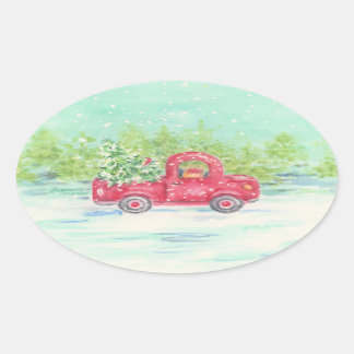 Adesivo Oval Vinhetas de Natal de Caminhão Vermelho