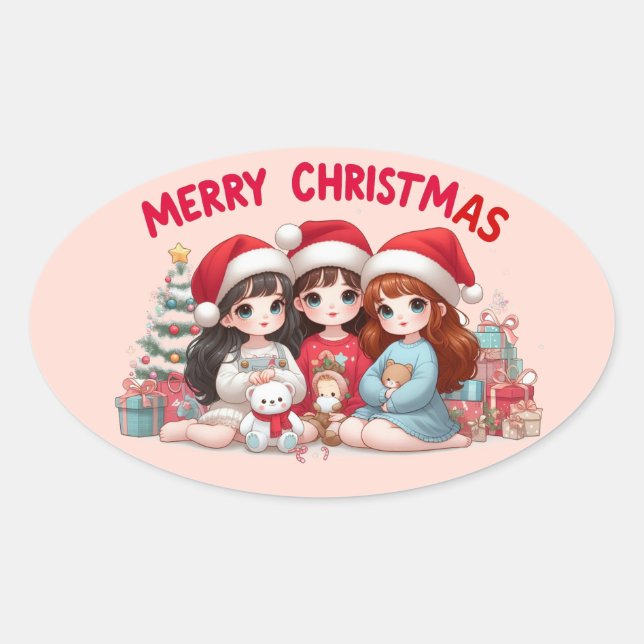 Adesivo Oval Vinhetas de Natal Feliz (Frente)