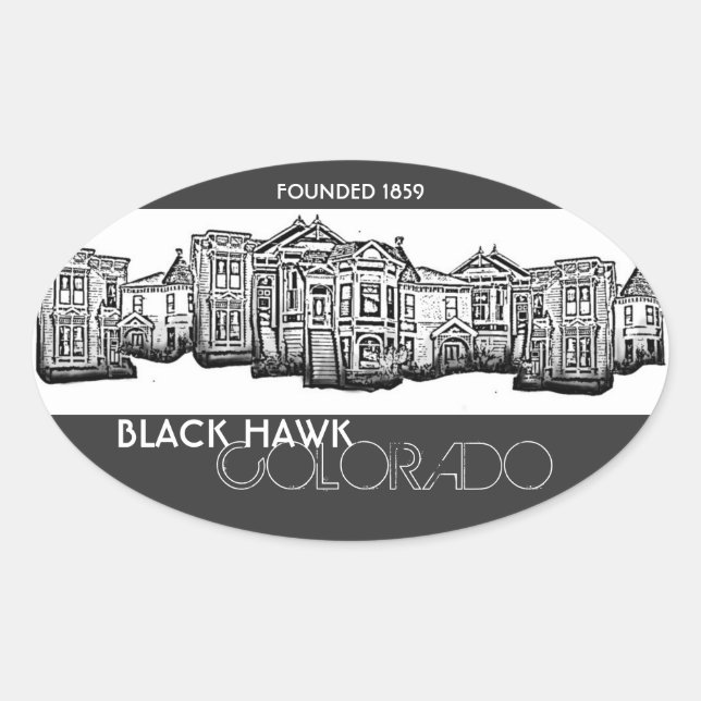 Adesivo Oval Vinhetas de prédios antigos da cidade Black Hawk C (Frente)