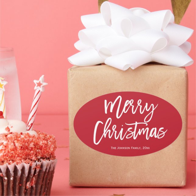 Adesivo Oval Vinhetas Simples de Oval Vermelho Feliz de Natal (Festa)