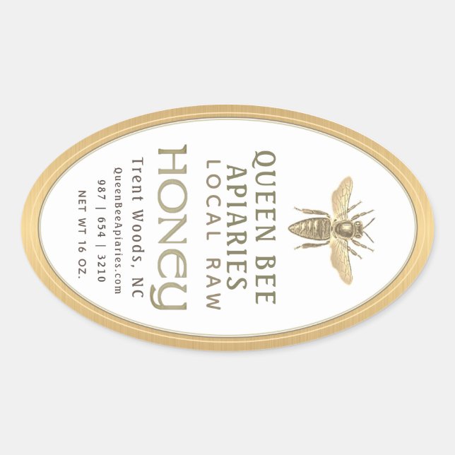 Adesivo Oval Vintage Bee 16 oz Queenline Jar Honey Label Dourad (Frente)