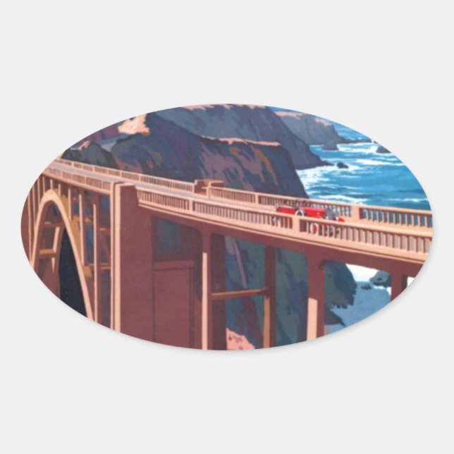 Adesivo Oval Vintage Big Sur Bixby Bridge USA Turismo nos EUA (Frente)
