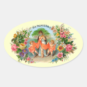 Adesivo Oval Vintage Cigar Label La Palmiera, Mulher com Anjos