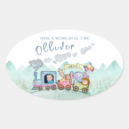 Adesivo Oval Vintage Cute Train Boy Birthday
