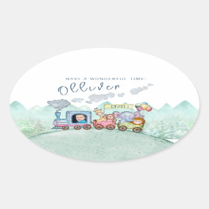 Adesivo Oval Vintage Cute Train Boy Birthday