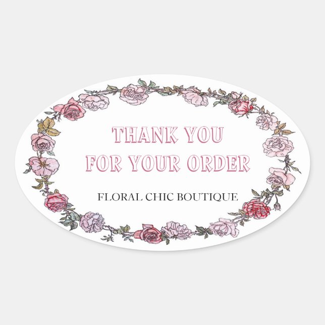 Adesivo Oval Vintage Floral Wreath Custom Business Obrigado (Frente)