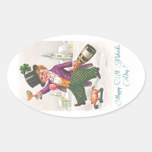 Adesivo Oval Vintage Happy Dia de São Patrício Shamrock Champag