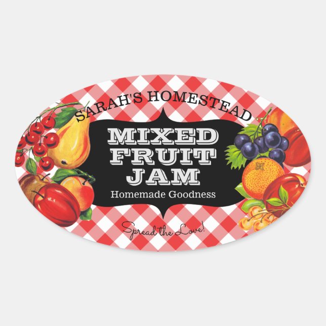 Adesivo Oval Vintage Jam Label Fruta Preservar Gingham (Frente)