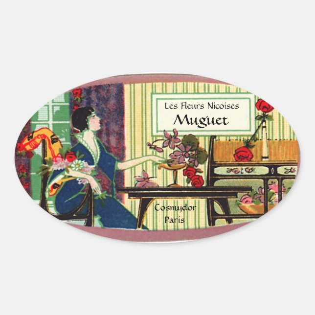 Adesivo Oval Vintage Perfume Label - Dama Francesa (Frente)