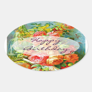 Adesivo Oval Vintage Rosa Birthday
