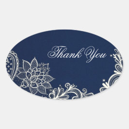 Adesivo Oval vintage white lace marinho azul obrigado de casame