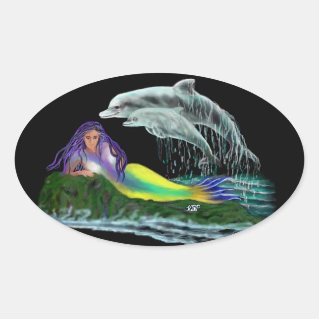 Adesivo Oval Virgem de mar com delfins (Frente)