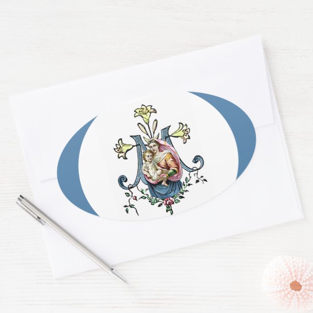 Adesivo Oval Virgem Maria Jesus Religioso Vintage Católico (Envelope)