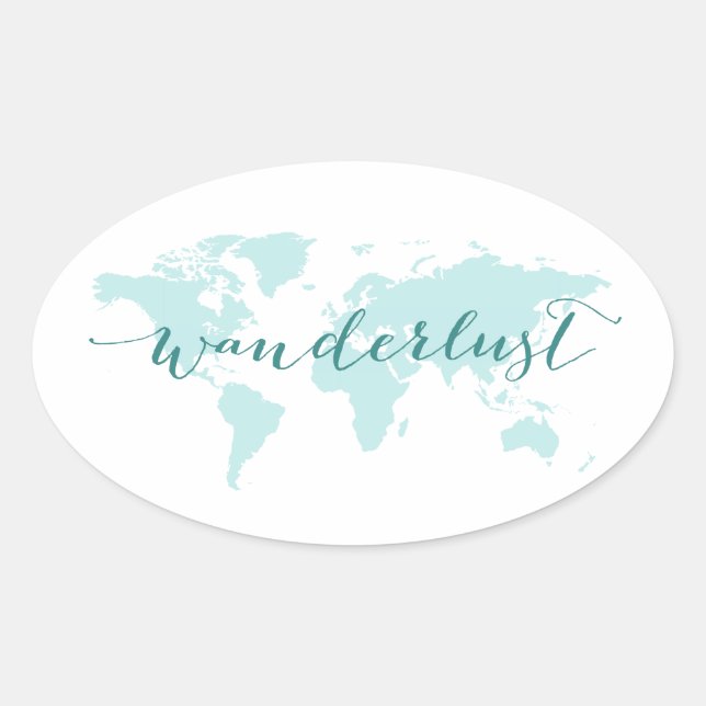 Adesivo Oval Wanderlust, desejo de viagem, mapa do mundo teal (Frente)