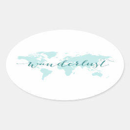 Adesivo Oval Wanderlust, desejo de viagem, mapa do mundo teal