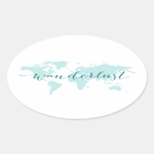 Adesivo Oval Wanderlust, desejo viajar, mapa do mundo da