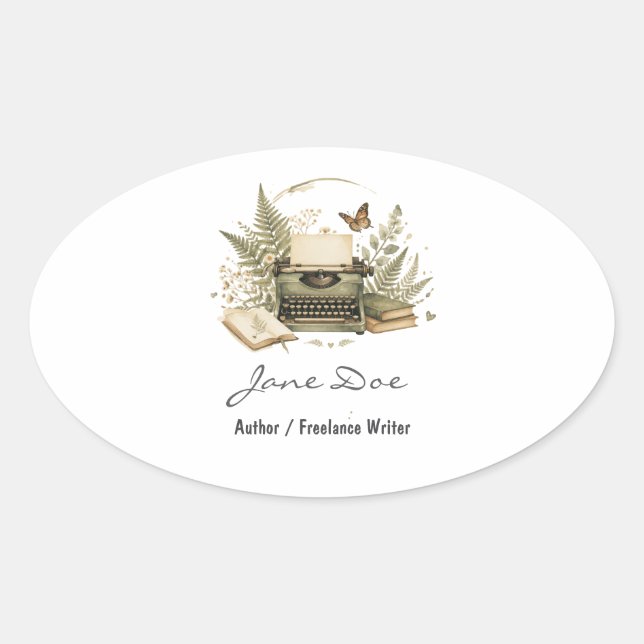 Adesivo Oval Watercolor Author Logo Sticker Botanical Typewrite (Frente)