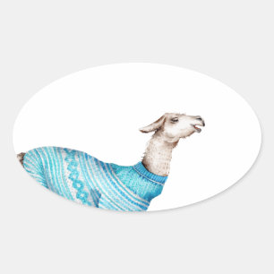 Adesivo Oval Watercolor Llama em Blue Sweater