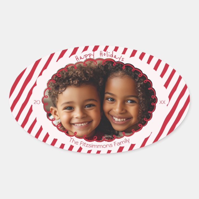 Adesivo Oval  Whimsical Candy Cane Stripe Holiday Photo (Frente)