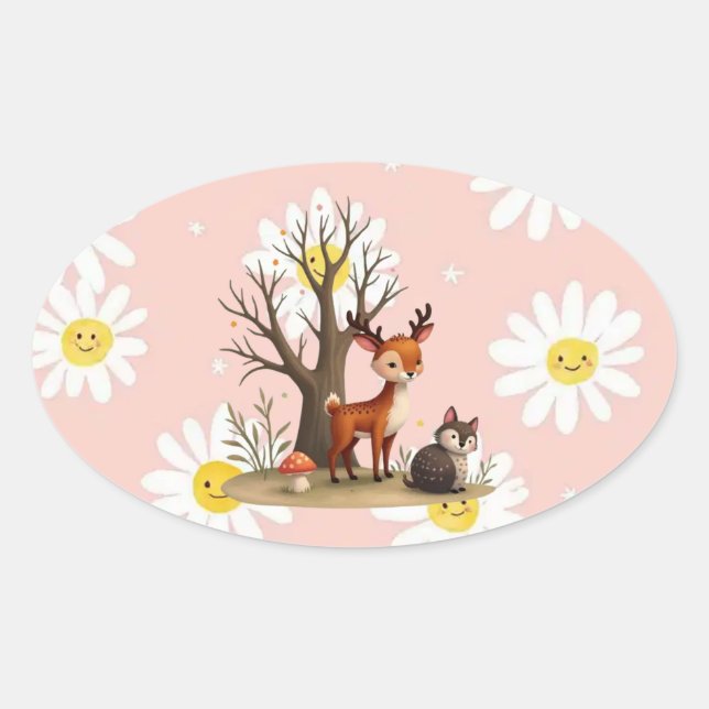Adesivo Oval Whimsical Deer & Hedgehog Sticker (Frente)