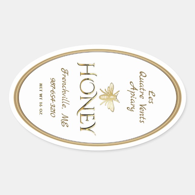 Adesivo Oval White Queenline Honey Label Heraldic Bee Dourado (Frente)