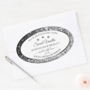 Adesivo Oval White Silver Glitter Stars Diamantes Rótulos de Pr