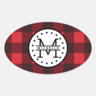 Adesivo Oval Xadrez Negra Vermelha Buffalo Lumberjack Nome Mono