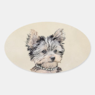 Adesivo Oval Yorkshire Terrier Puppy Pintura Original