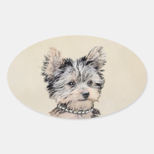 Adesivo Oval Yorkshire Terrier Puppy Pintura Original (Frente)