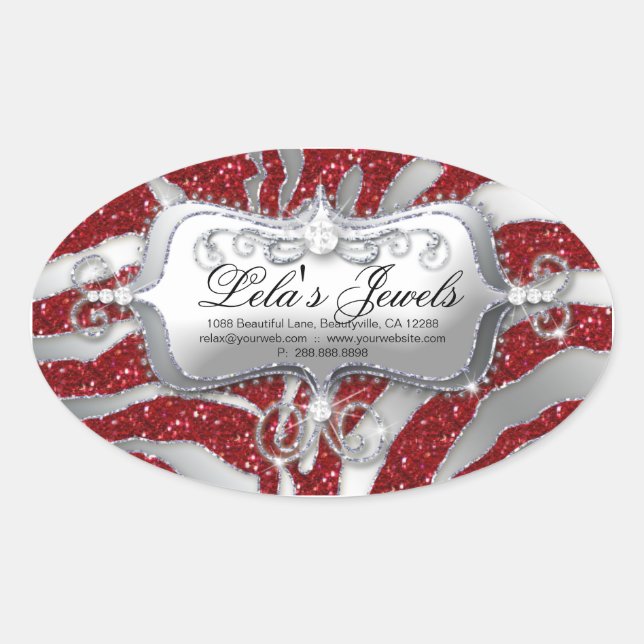 Adesivo Oval Zebra Luxury Jewelry Sticker Red Sparkle Silver (Frente)