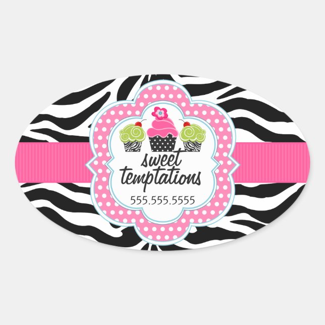 Adesivo Oval Zebra Stripes Cupcake Bakery Business (Frente)