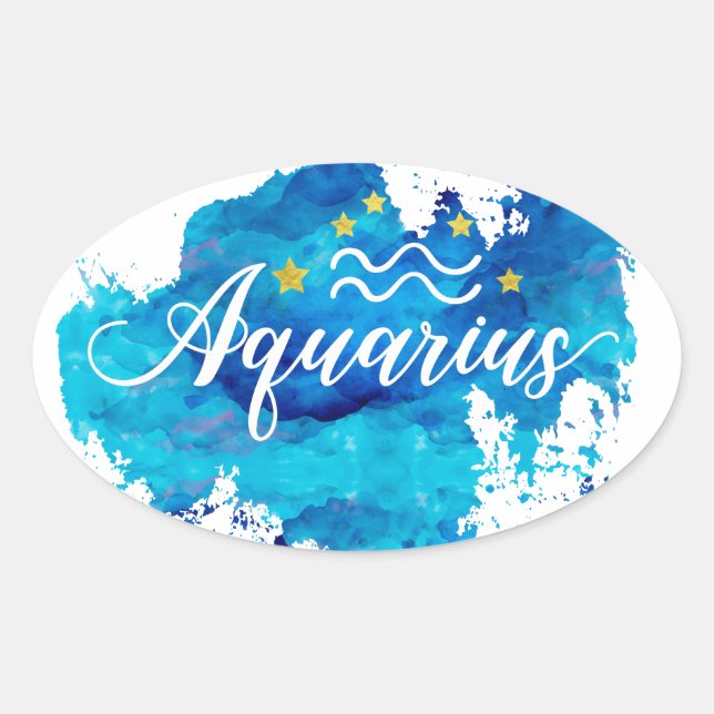 Adesivo Oval Zodiarius Aquarius Blue Watercolor Stars Dourados (Frente)