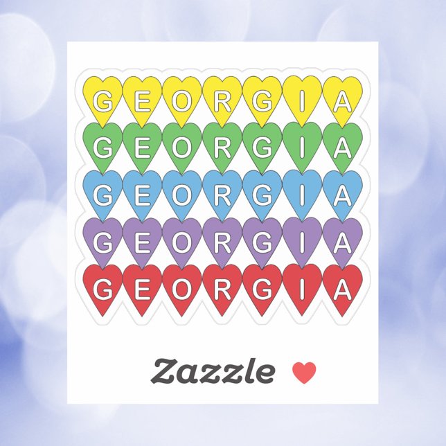 Adesivo Padrão de Coração de Cores do Georgia (A die cut sticker that says Georgia in yellow, green, blue, purple and red hearts.)