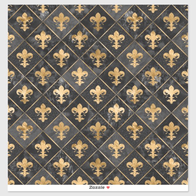 Adesivo Padrão Fleur-de-lis Marble Preto e Dourado (Folha)