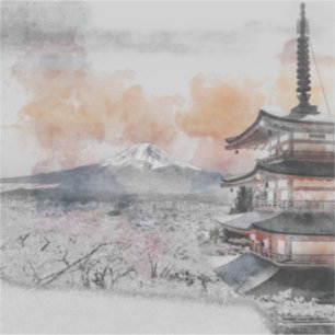 Adesivo Pagode Japonesa em Aquarela & Mt. Fuji
