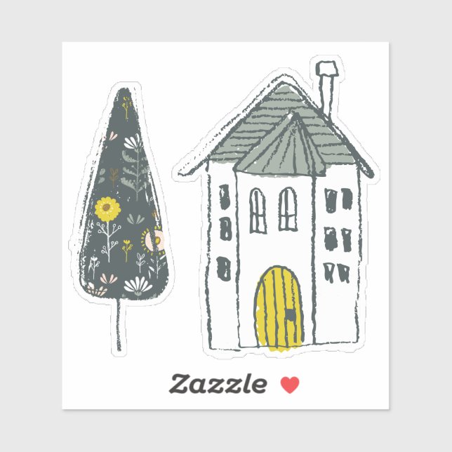 Adesivo Palha verde-pinheiro-verde-de-casa desenhada à mão (Folha)