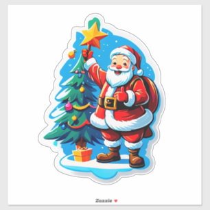 Adesivo Papai Noel Alegre Segurando uma Pequena Árvore de