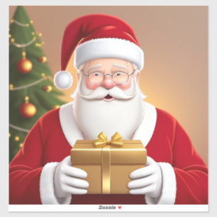 Adesivo Papai Noel segurando caixa de presente pela árvore