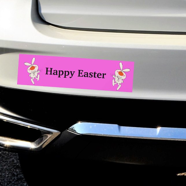 Adesivo Para Carro Coelho Dançante felz pascoa (Cute white rabbits orange noses thumbs up sign on vibrant pink Happy Easter bumper sticker.)