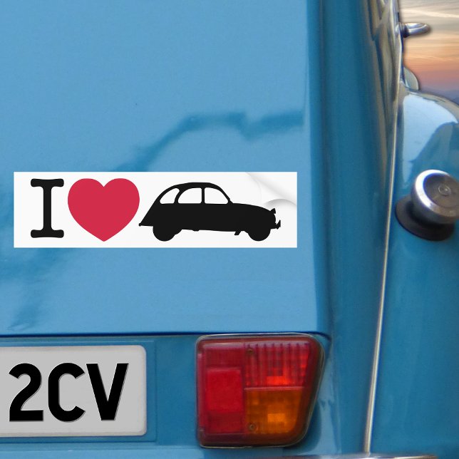 Adesivo Para Carro Eu amo Carro de Tempo Antigo Deux Chevaux (I love 2CV Bumper Sticker in White with a Black Typography and Illustration)